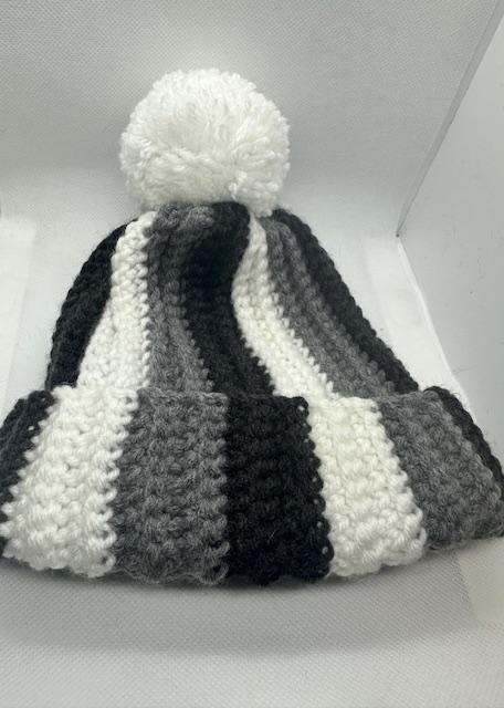 Gray Black and White Stripe with Pom Beanie Kids