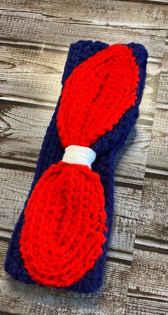 Navy Crochet Headband with Red Bow Adult Medium