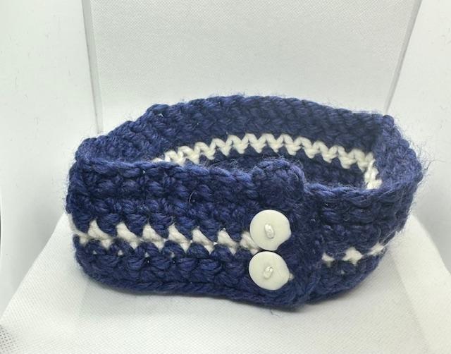 Dark Blue and White Crochet Headband with 2 Buttons Adult Large