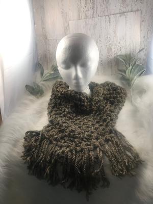 Light Brown Fringed Crochet Cowl Scarf