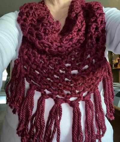 Cranberry Fringed Crochet Cowl Scarf