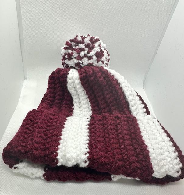 Burgundy and White Stripe with Pom Beanie Kids