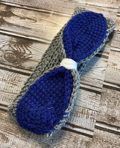 Gray Crochet Headband with Blue Bow Adult Large