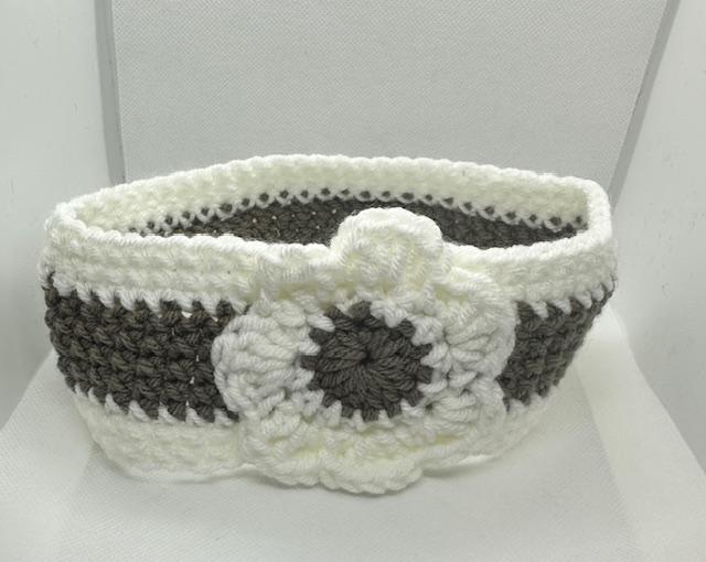 White Crochet Headband with Flower Adult Medium