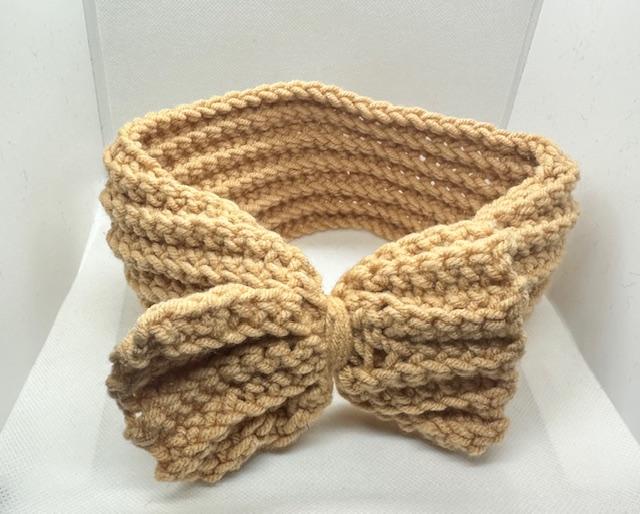 Light Peach Crochet Headband with Bow Adult Large