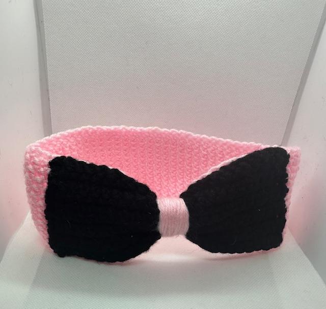 Pink Crochet Headband Black Bow Adult Medium