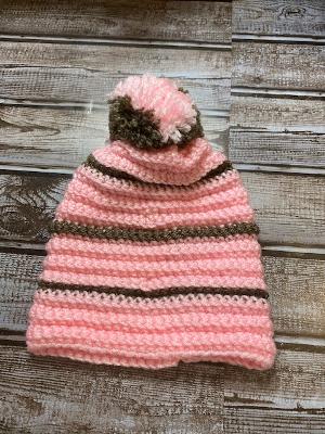 Pink and Gray Stripe with Pom Beanie Kids