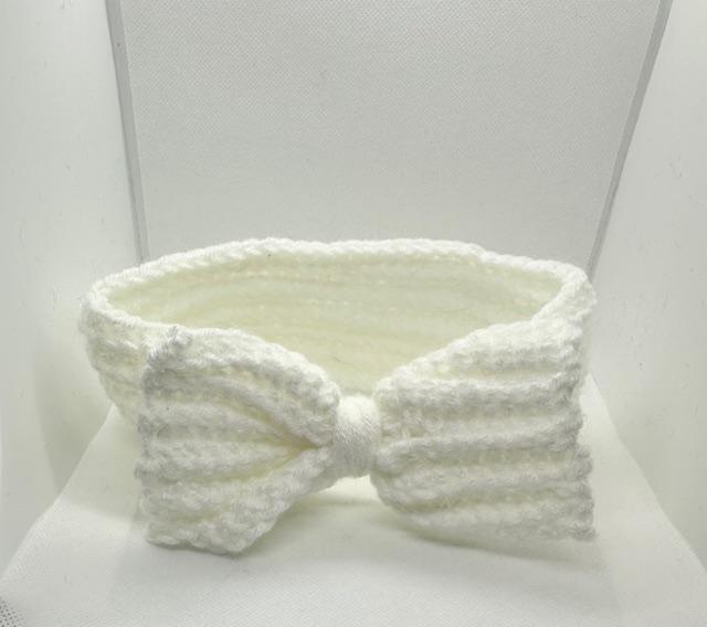 White Crochet Headband with Bow Adult Medium