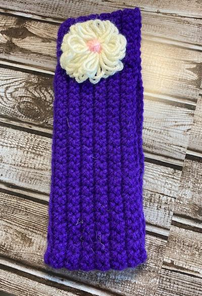Purple Crochet Headband with Flower Adult Large