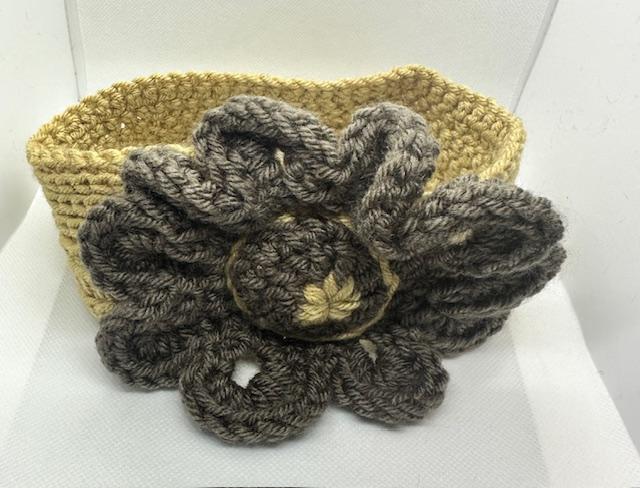 Tan Crochet Headband with Brown Flower Adult Large