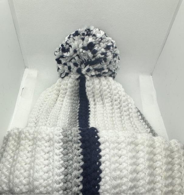 White Black and Gray with Pom Beanie Adult