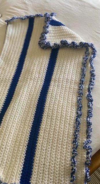 Blanket, Adult White with Royal Blue Striping