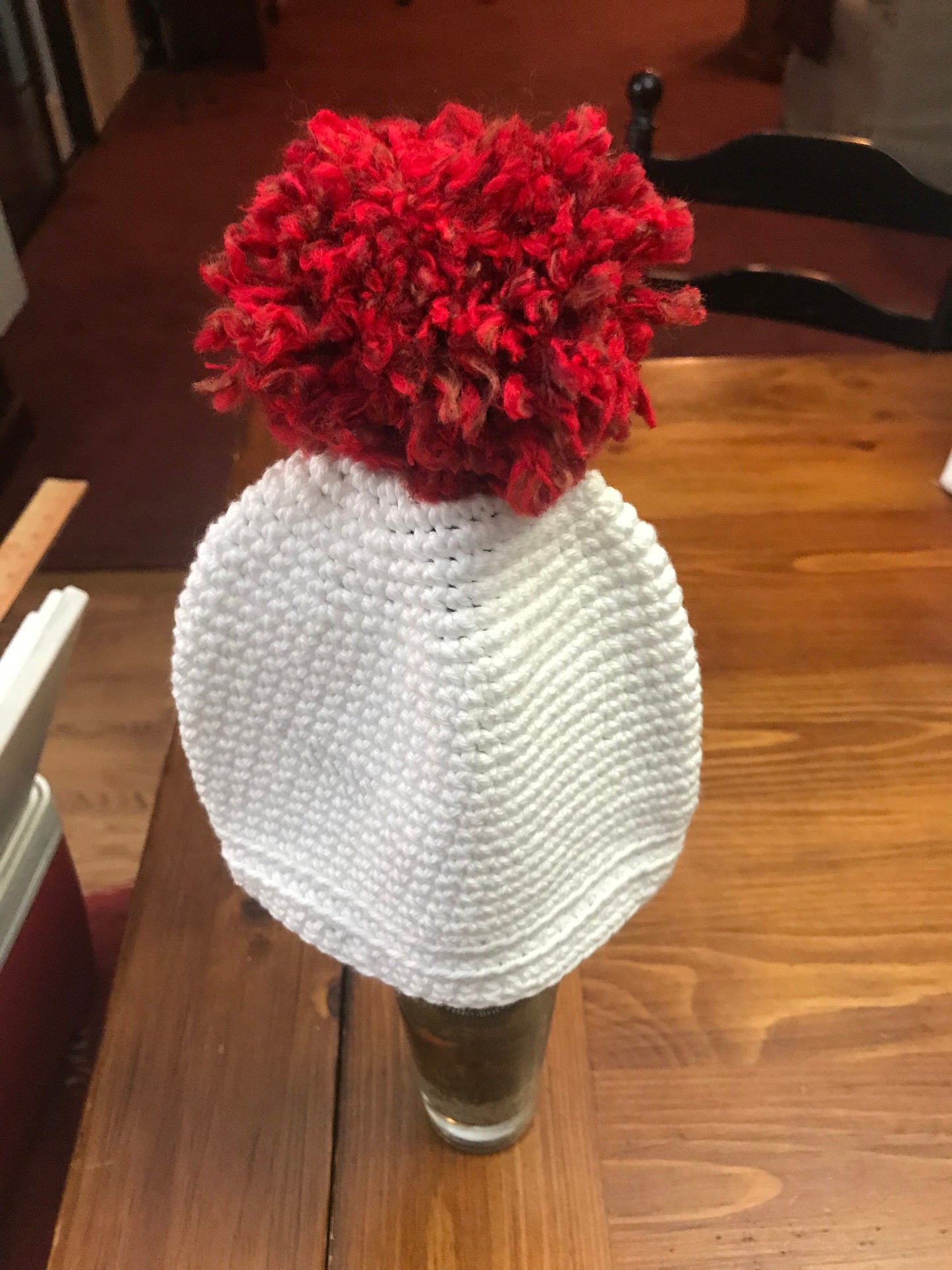 Handmade kids crochet hat (beanie) Cotton White with Red Pom