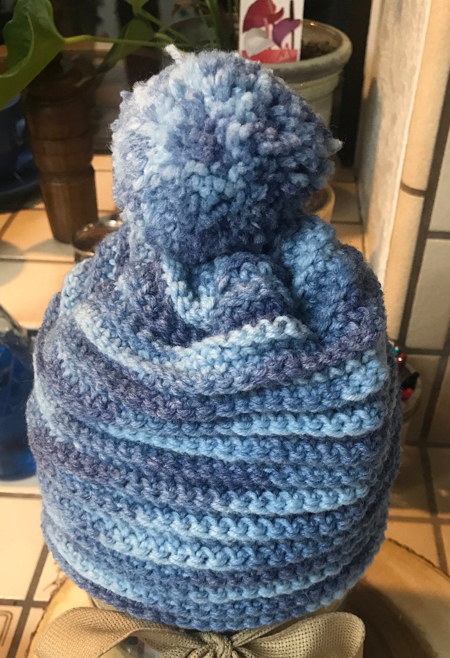 Handmade crochet hat (beanie) Blues Mix with Pom