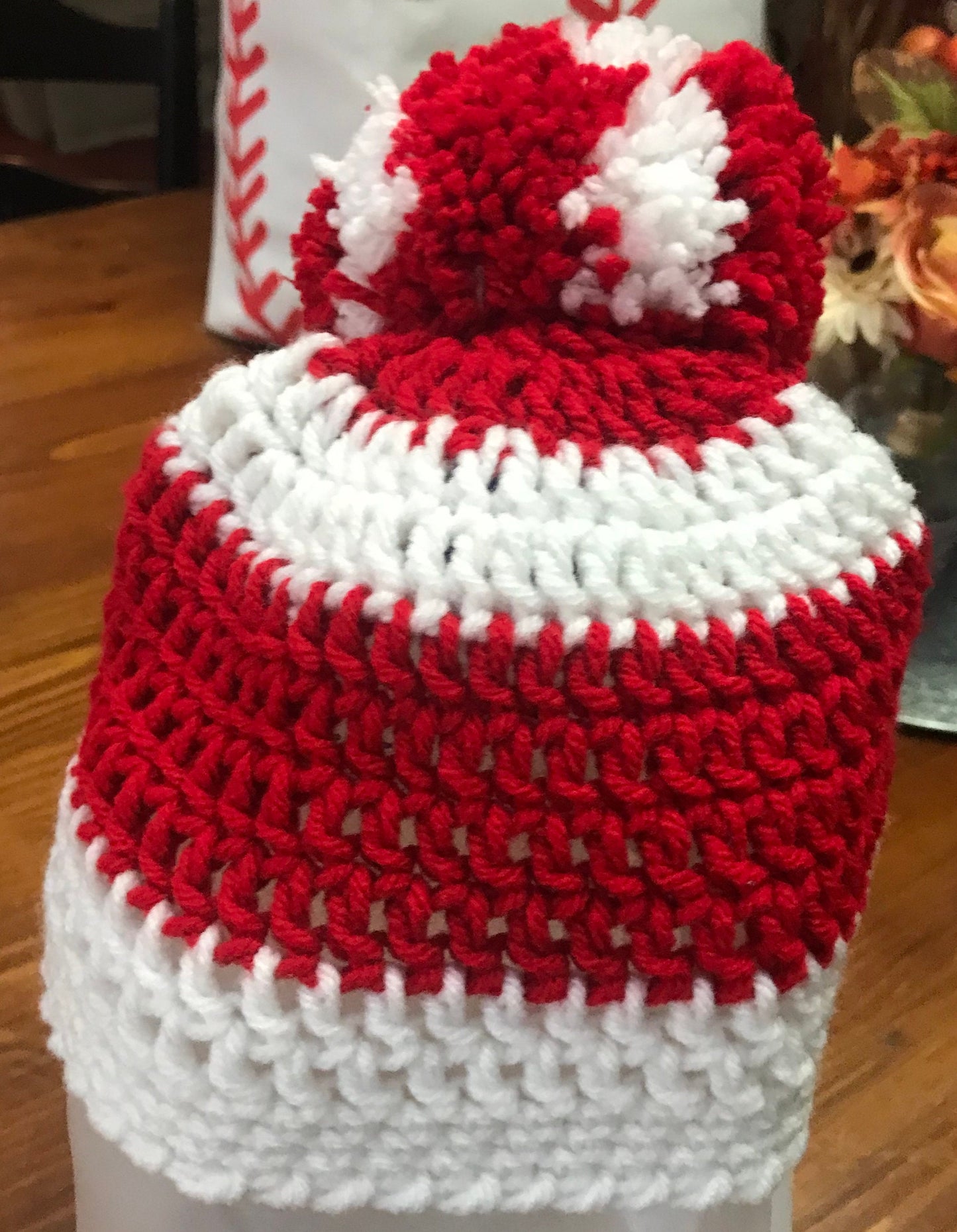 Handmade kids crochet hat (beanie) Red and White Stripe with Pom