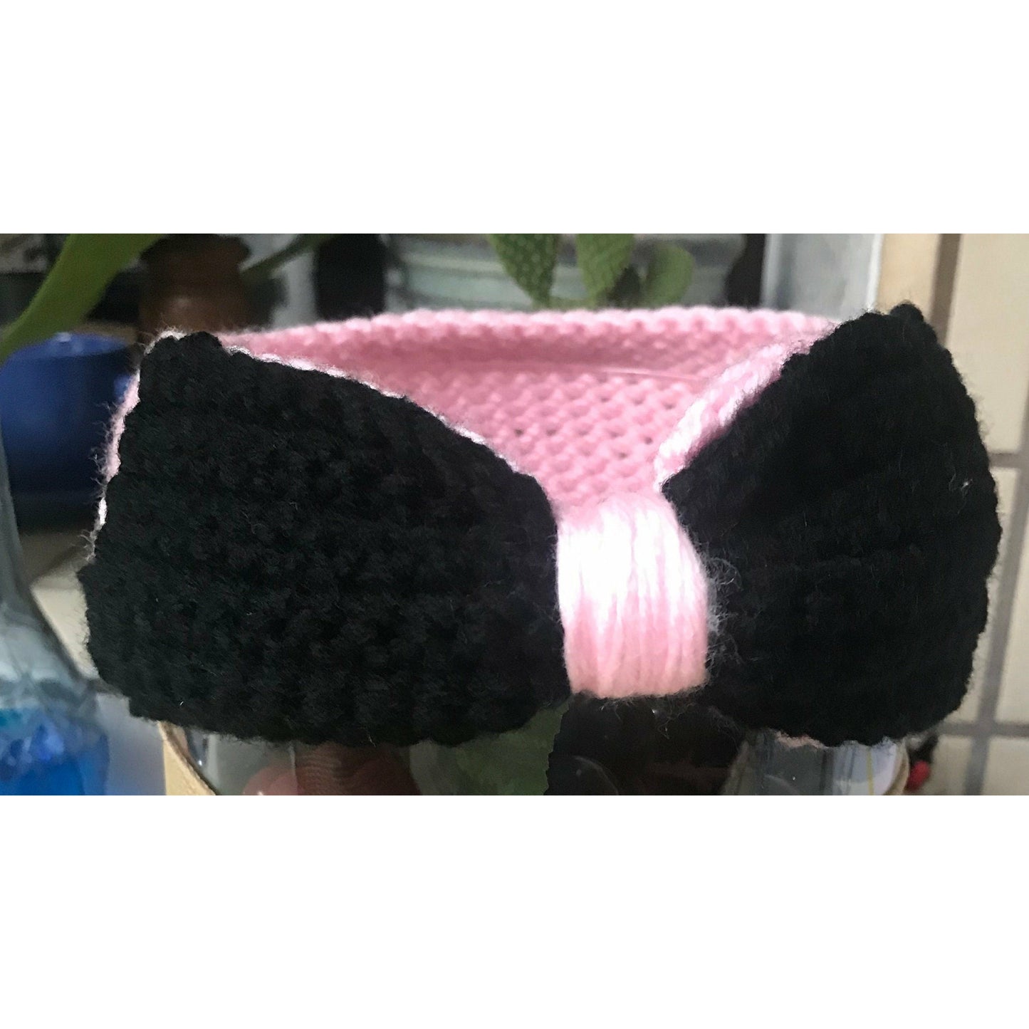 Handmade crochet headband Pink Band, Black Bow