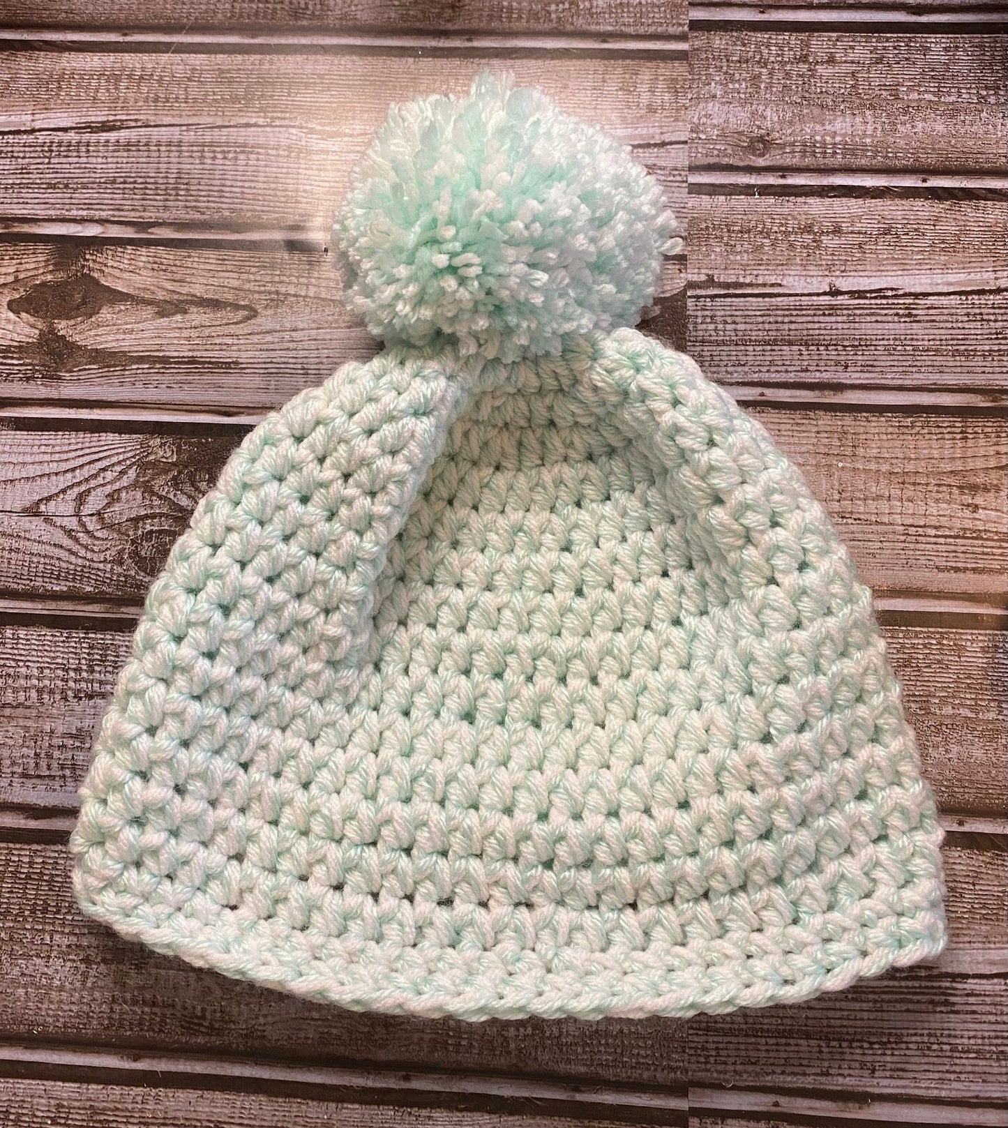 Handmade crochet hat (beanie) Mint Green & White with Pom