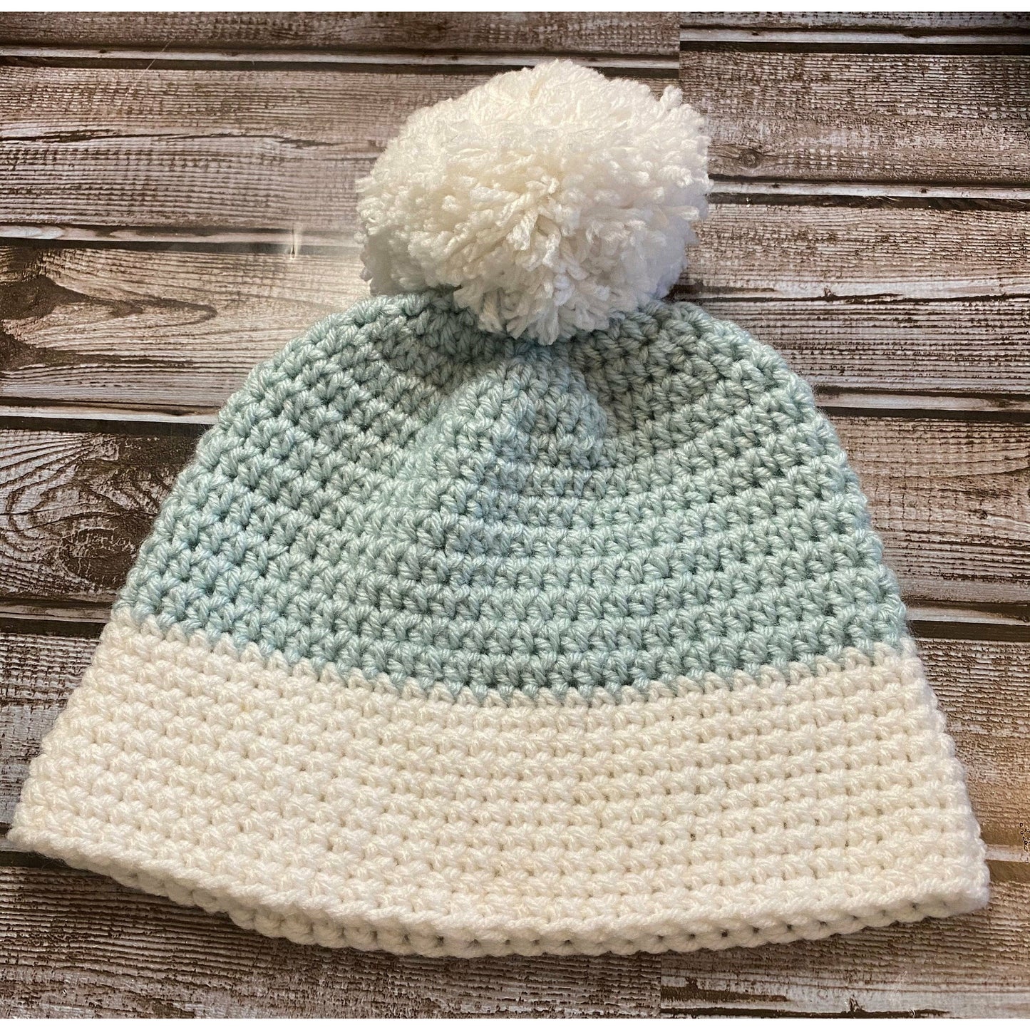 Handmade crochet hat (beanie) Mint Green & White Brimwith Pom