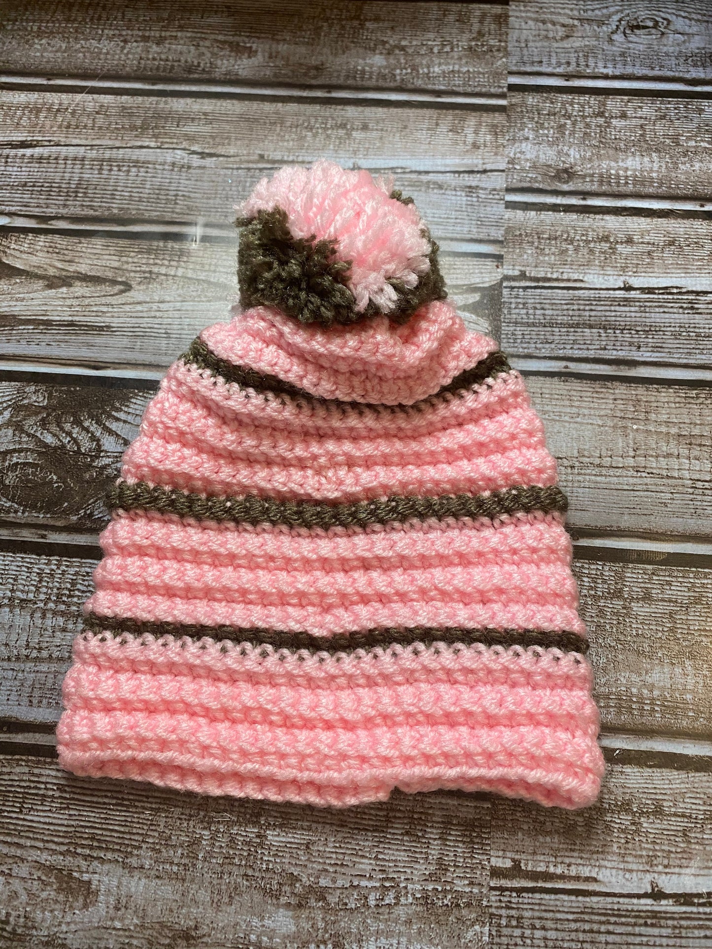 Handmade Baby crochet hat (beanie) Pink and other brown stripe with Pom