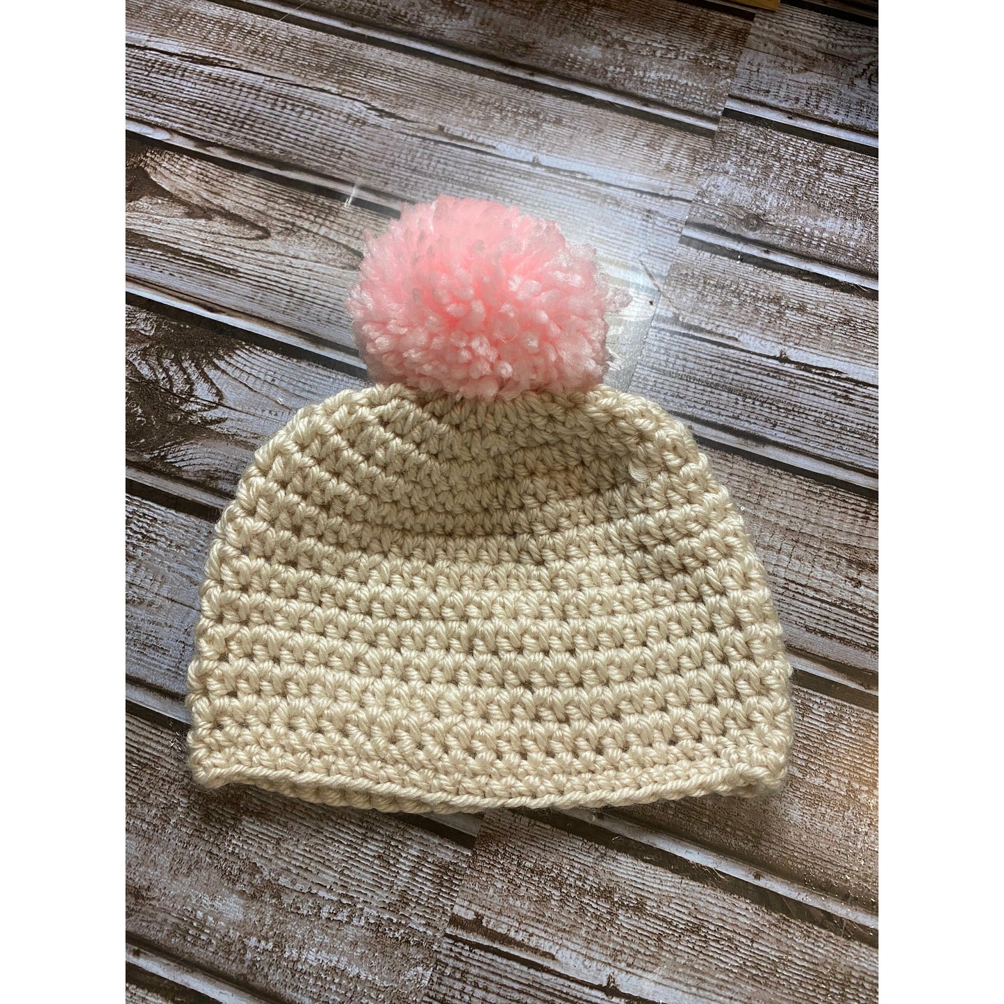 Handmade crochet hat (beanie) Tan with Pink Pom