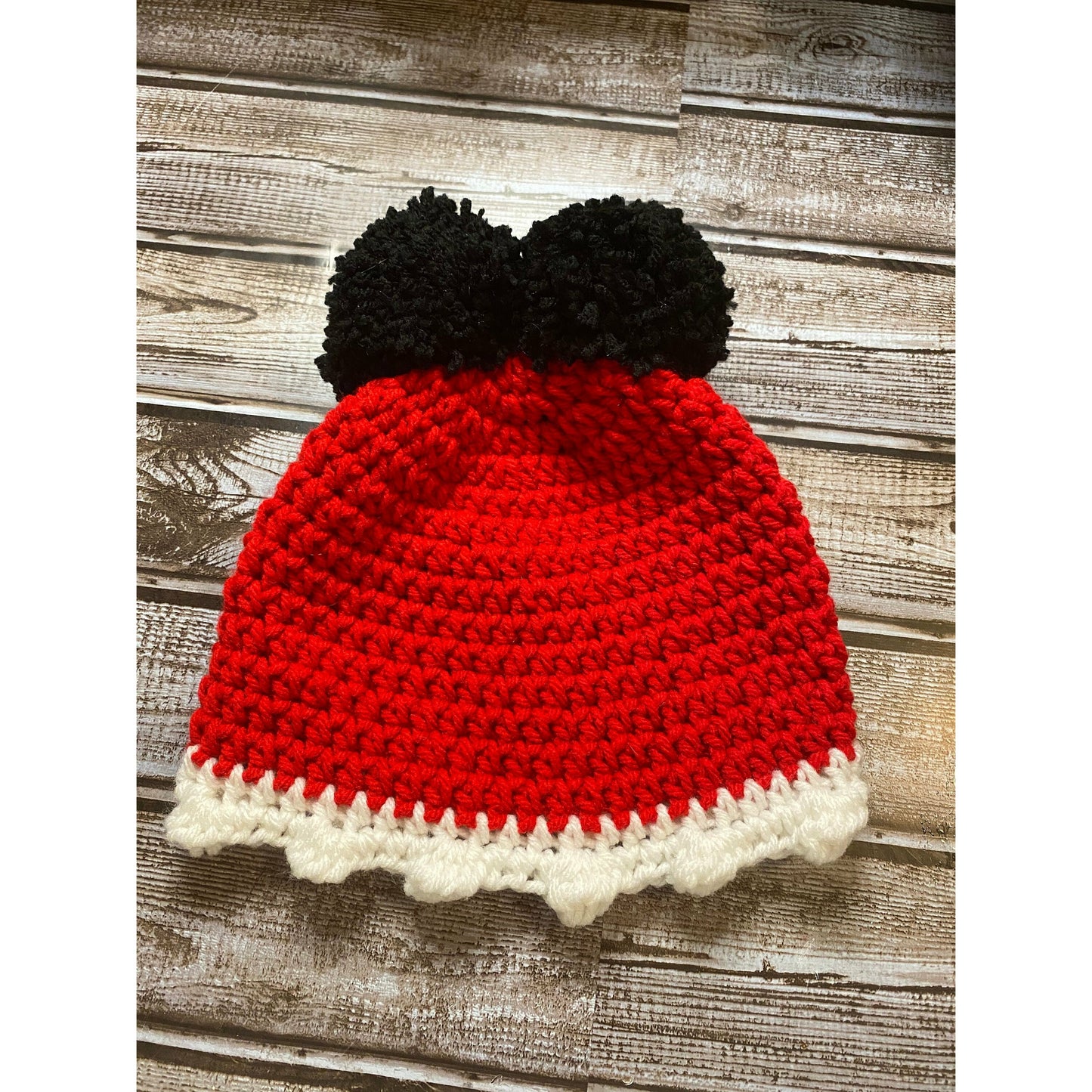 Handmade crochet hat (beanie) Red with white trim and 2 black Poms