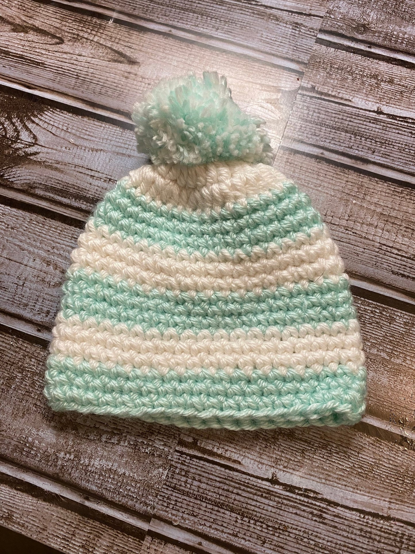 Handmade crochet hat (beanie) Mint Green and White with Pom