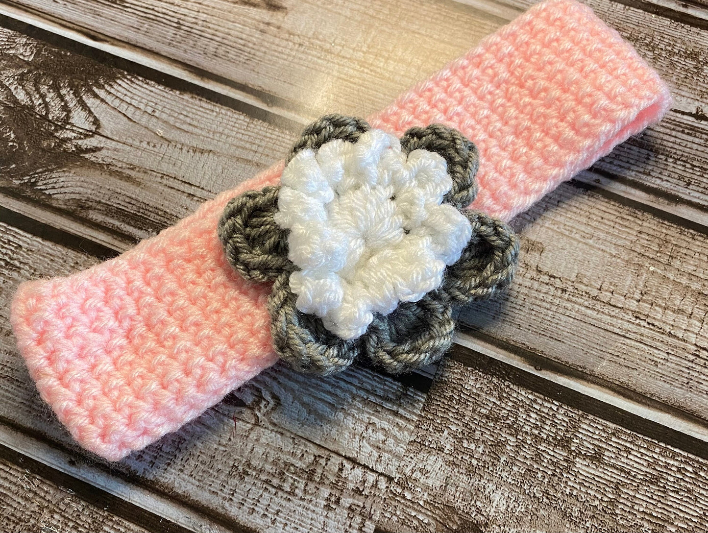 Handmade crochet Adult headband Pink and Gray & White Yarn Flower