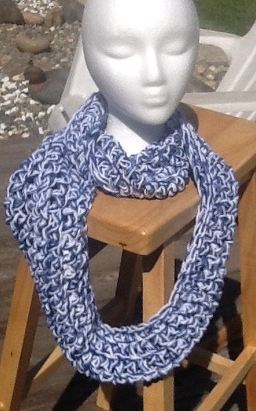 Crochet Infinity Scarf - Denim Mist & White