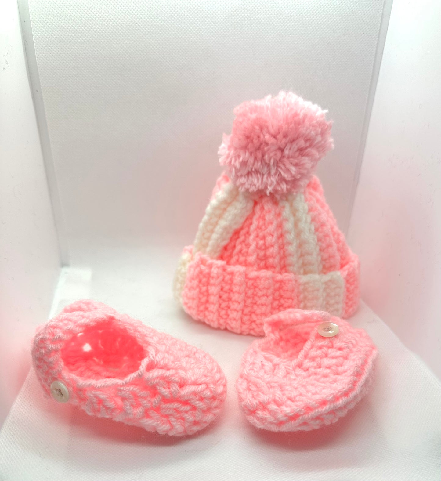 Handmade Newborn Crochet Beanie and Bootie Set Pink & White