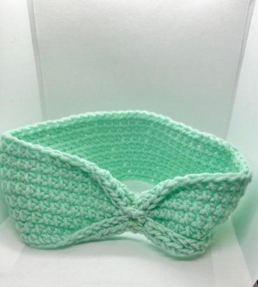 Mint Green Crochet Headband with Cinch Bow Adult X-Large