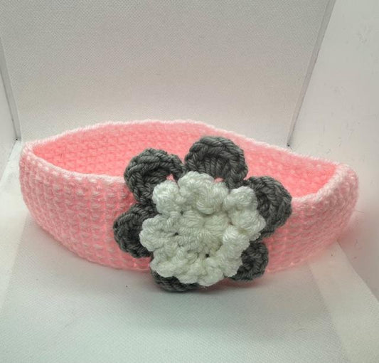 Pink Crochet Headband with Gray and White Flowers Kids