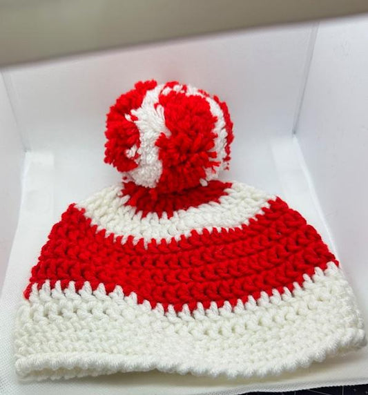 White with Red Stripe with Pom Beanie Kids