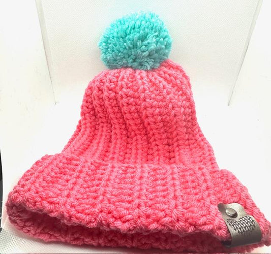 Salmon and Teal Pom Beanie Kids