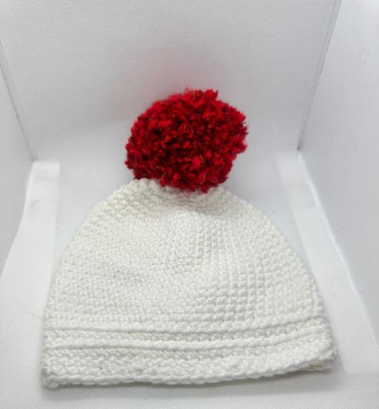 White Cotton with Red Pom Beanie Kids