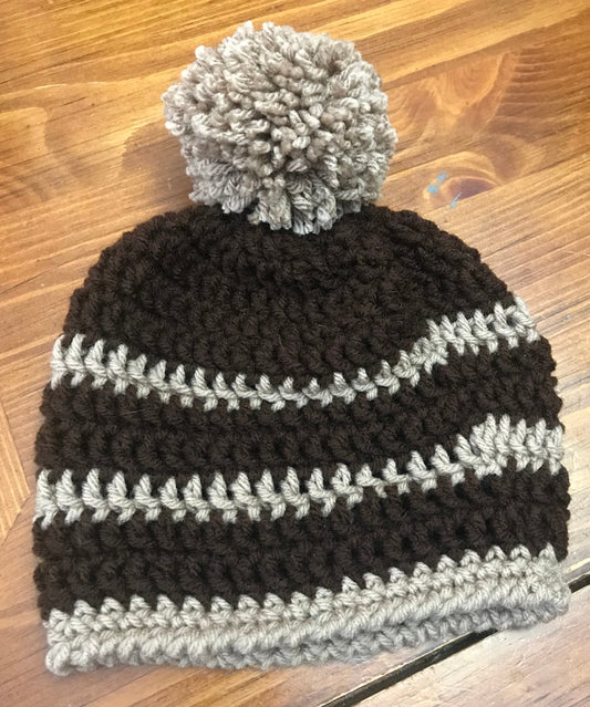 Handmade crochet hat (beanie) Brown and Tan Stripe with Pom