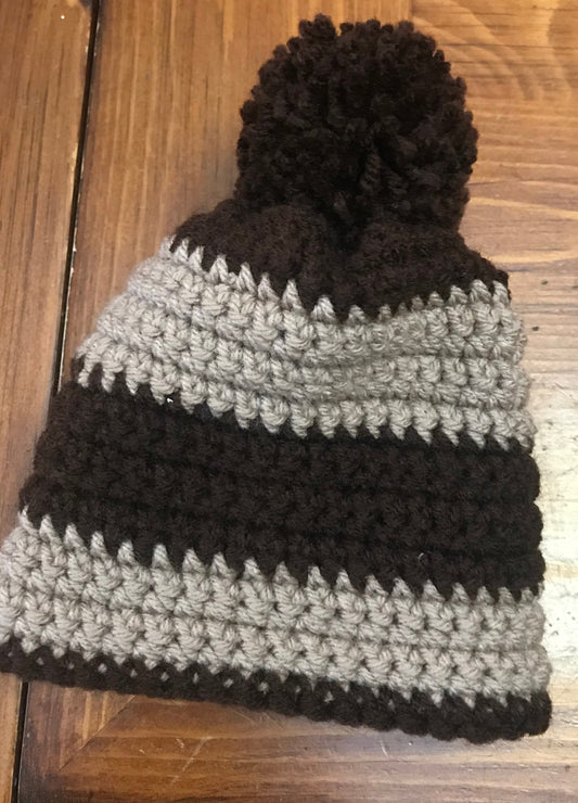 Handmade baby crochet hat (beanie) Brown and Tan with Pom