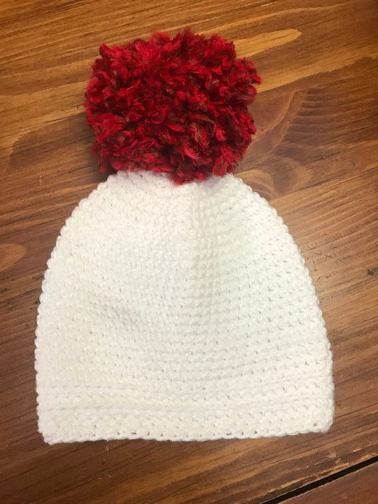 Handmade kids crochet hat (beanie) Cotton White with Red Pom