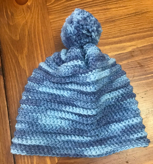 Handmade crochet hat (beanie) Blues Mix with Pom