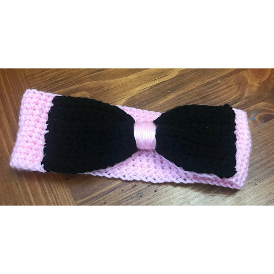 Handmade crochet headband Pink Band, Black Bow
