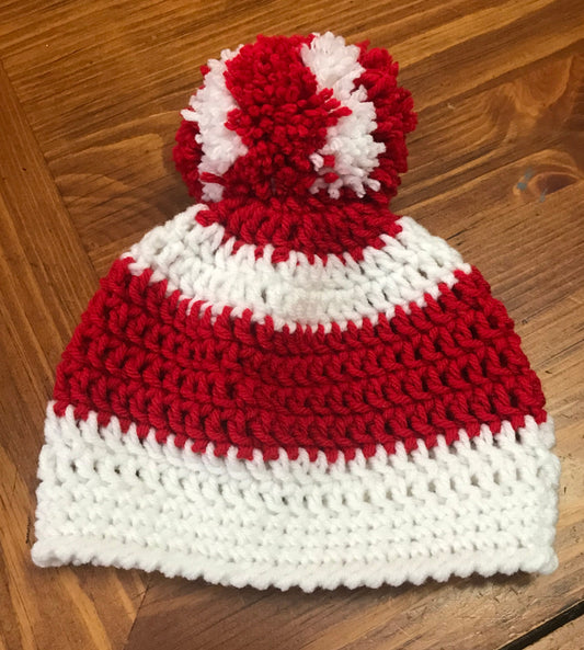 Handmade kids crochet hat (beanie) Red and White Stripe with Pom