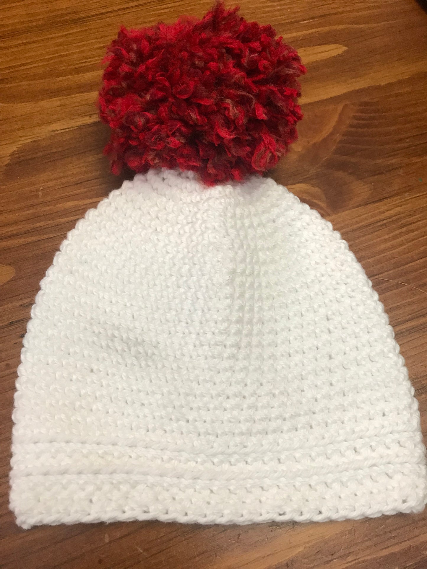 Handmade kids crochet hat (beanie) Cotton White with Red Pom