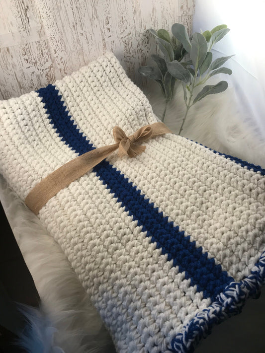 Blanket, Adult White with Royal Blue Striping