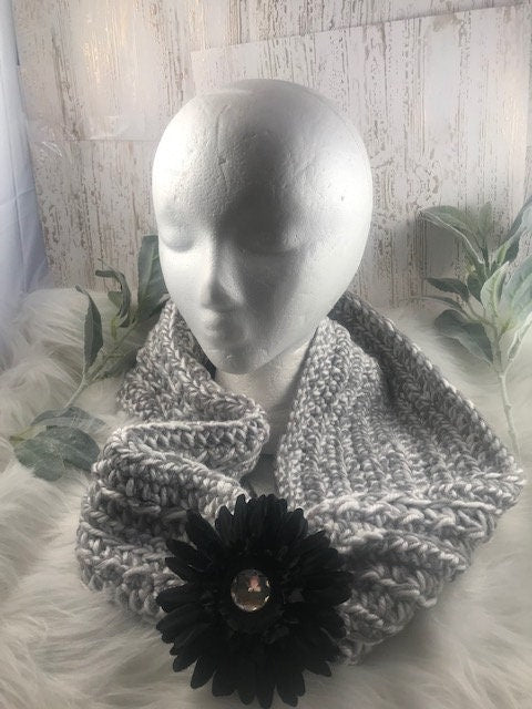 Infinity Scarf Gray and White with black flower