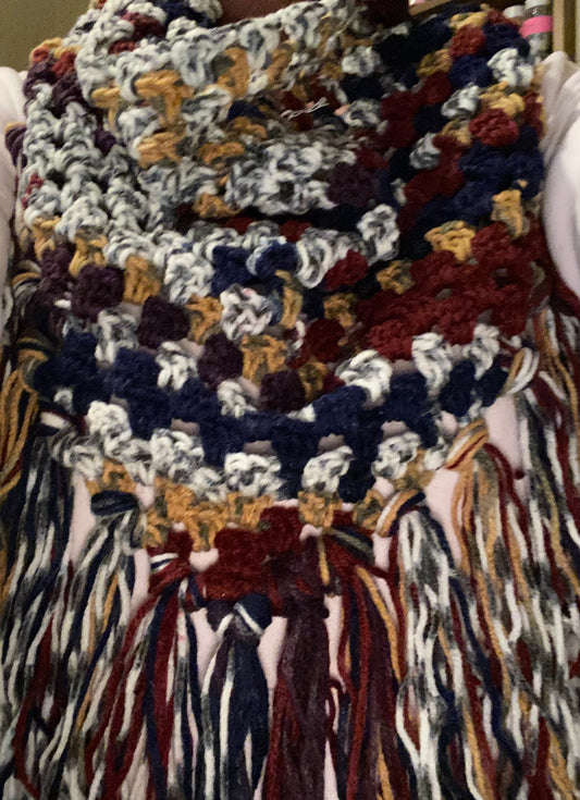 Fringed Scarf Navy, Gold, Burgandy Mix