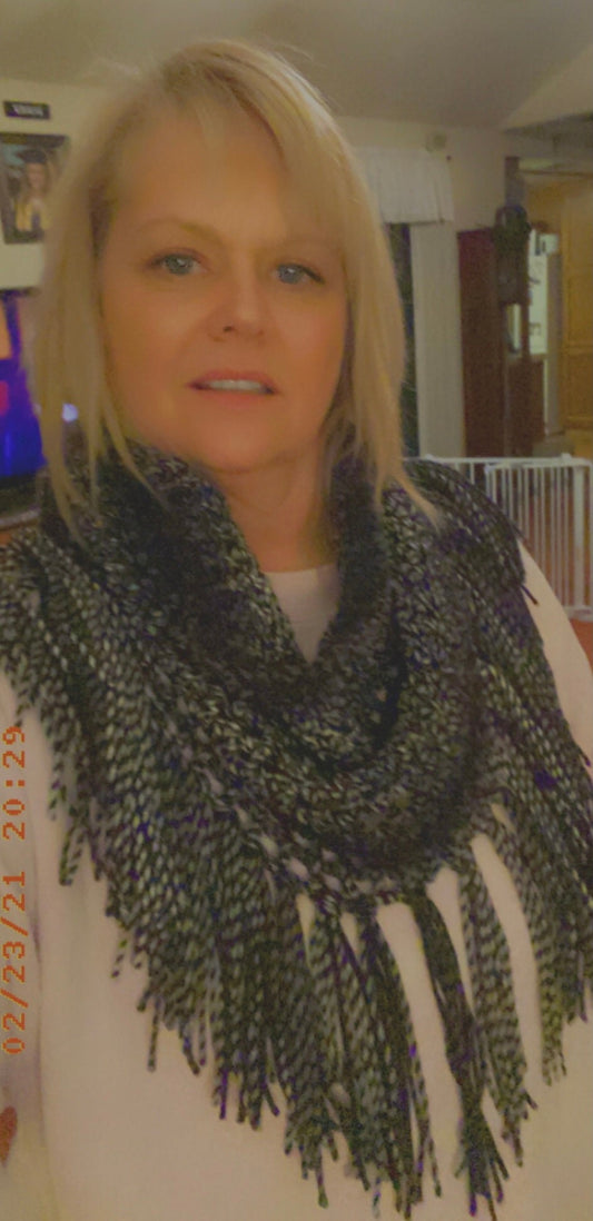 Fringed Cowl Neck Scarf Black, Gray, White