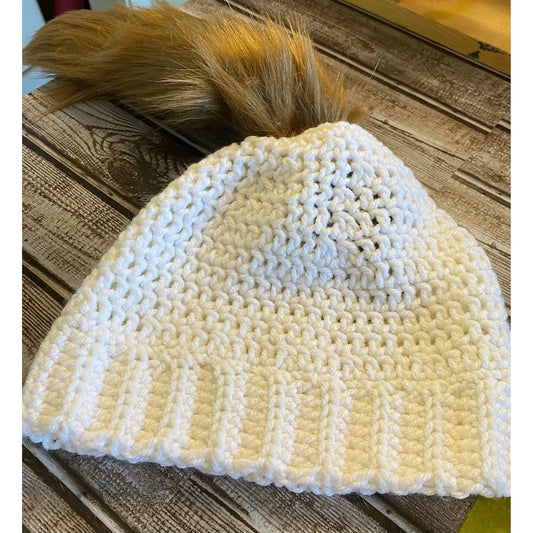 Handmade Crochet Adult Messy Bun/Pony Tail Hat(Off-White)