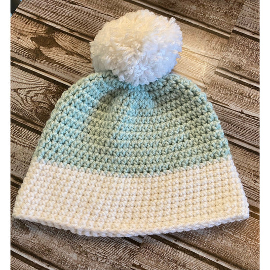 Handmade crochet hat (beanie) Mint Green  & White Brimwith Pom