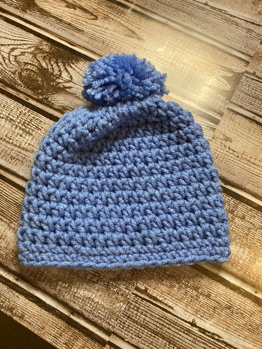 Handmade crochet hat (beanie) Medium Blue with Pom