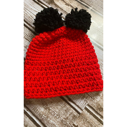 Handmade crochet hat (beanie) Red and 2 black Poms