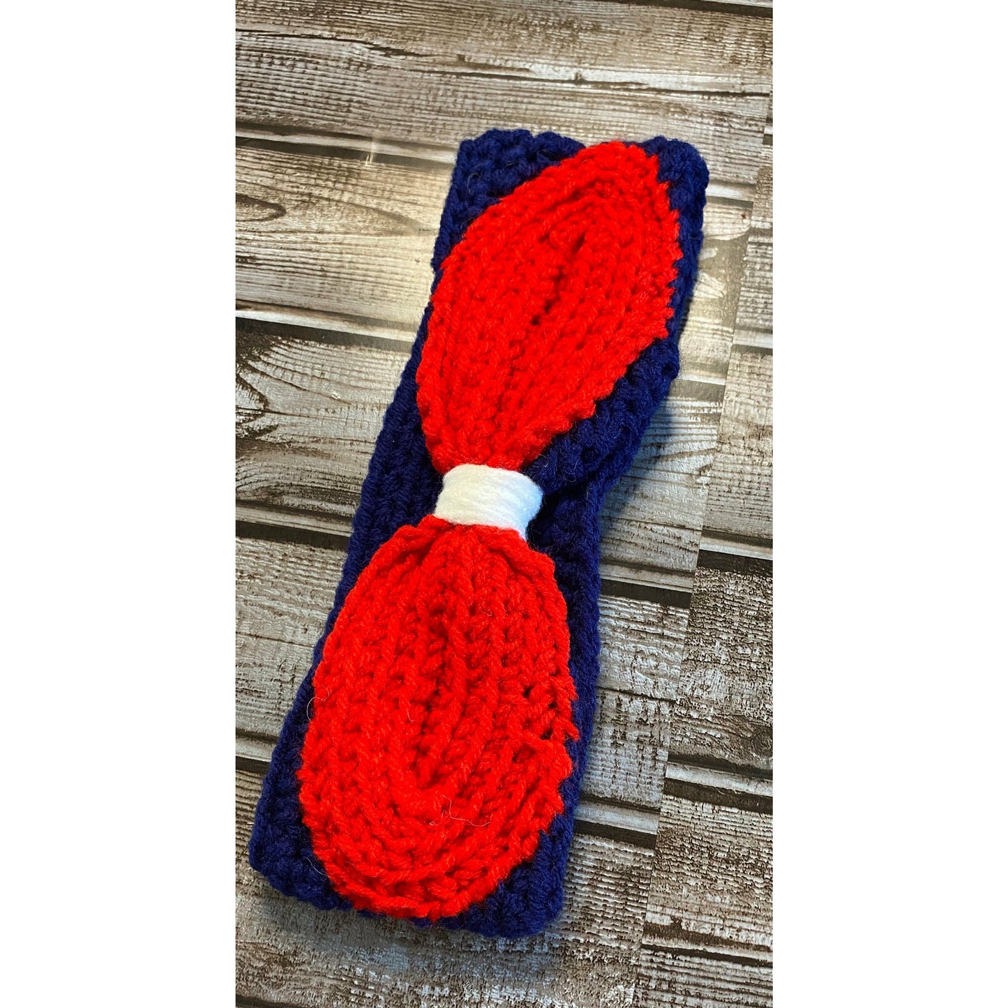 Handmade crochet headband Navy Band, Red Bow